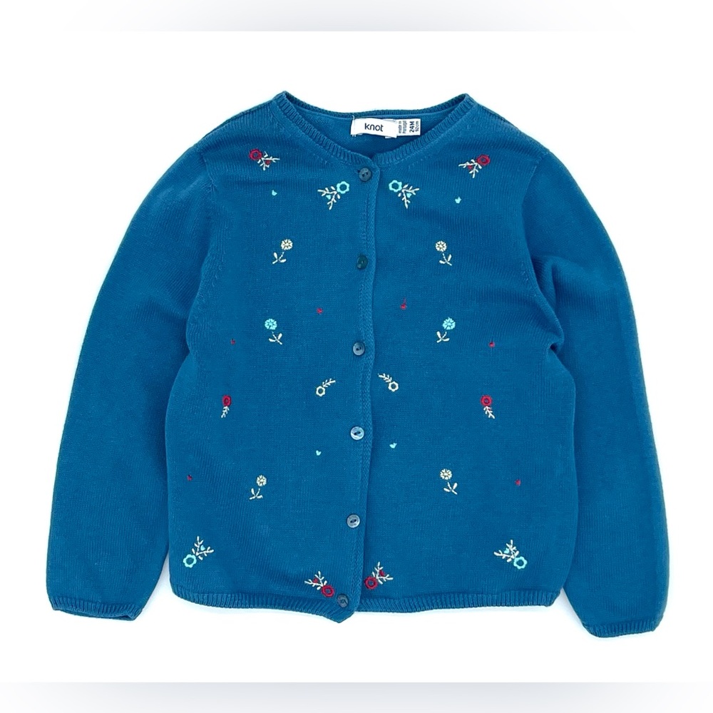 EUC Knot Easter Flower Embroidered Cotton Knit Cardigan Sweater in Blue 24M